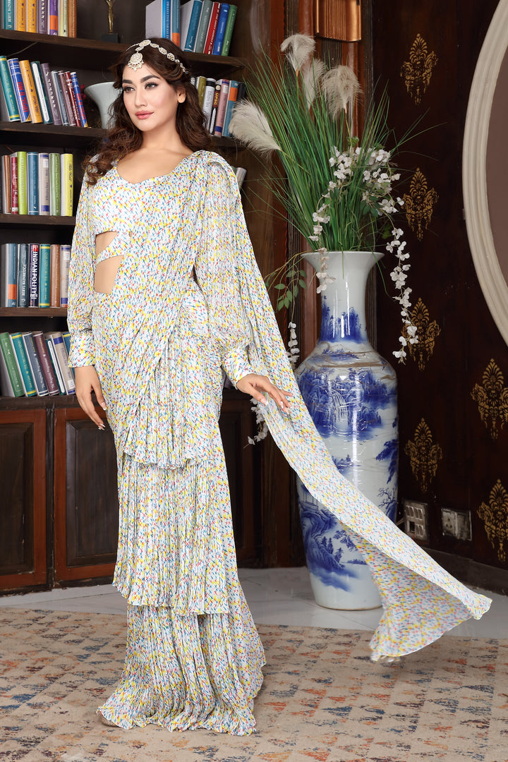 Multi coloured printed Saree Set